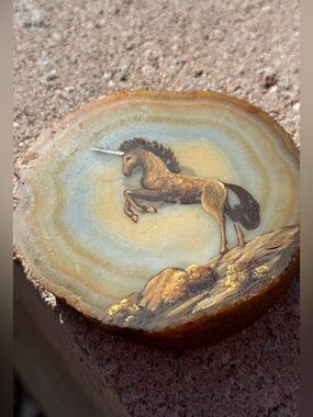 Handmade Unicorn Art Agate Slice — Pyrography/Painted Rearing Unicorn